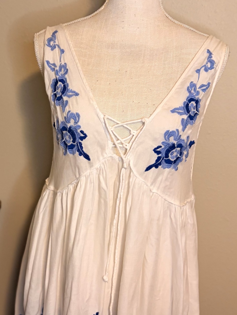 Free People White Midi Dress with Blue Floral Embroidery